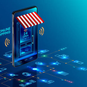 Online shopping. Smartphone turned into internet shop. Concept of mobile marketing and e-commerce. Isometric supermarket smartphone with icons of purchases. Awning above online store front door.